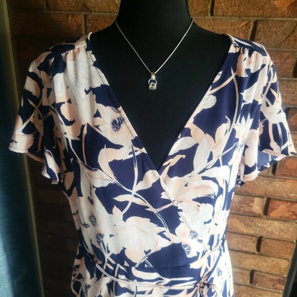 Leith Women's Blue Floral Wrap Dress Short Flutter Sleeve Knee Length - Size L - Picture 8 of 14